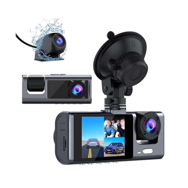 3 Channel Dash Cam Front and Rear Inside, 1080P Dash Camera for Cars, Dashcam Three Way Triple Car Camera with IR Night Vision, Loop Recording, G-Sensor, 24 Hours Recording, Support 128 GB Max