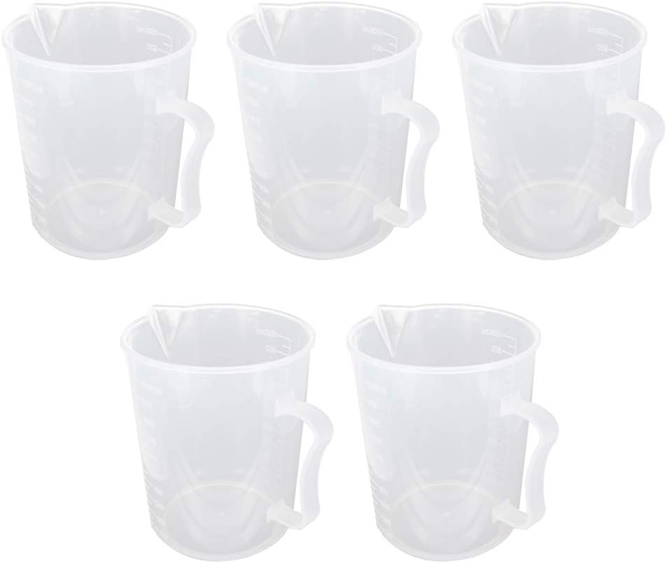 Othmro 1L/33.82oz Plastic Measuring Graduated Mixing Pitcher Pouring Cup Mix Paint Lab Kitchen Liquids 5pcs Measuring Pitcher Measuring Cup Graduated with Handle Spout Multipurpose Plastic Beaker