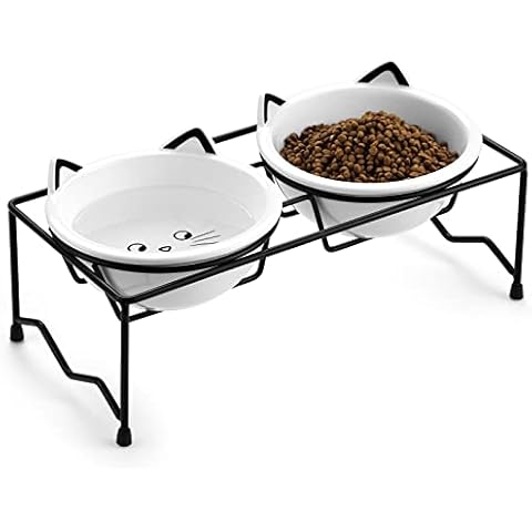 Yedio Porcelain Elevated Cat Bowls Set, Raised Pet Food Water Bowls with Stand, Protect Pet's Spine, Porcelain Pet Bowl for Cat or Puppy, 12 oz, Dishwasher Safe Cover