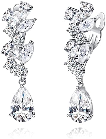 Clip-On Earrings Women Dangle - Diamond Leaf Wedding Clip-Earrings For Women Bridal Bridesmaid Brides Girls, Teardrop Women'S Clip-On Earrings Dangling, Non Pierced Women'S Drop & Dangle Earrings