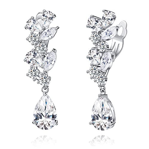 Clip-On Earrings Women Dangle - Diamond Leaf Wedding Clip-Earrings For Women Bridal Bridesmaid Brides Girls, Teardrop Women's Clip-On Earrings Dangling, Non Pierced Women's Drop & Dangle Earrings #TOP24