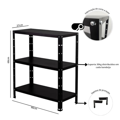 Estante Prateleira Aço 68cm Altura 3 Bandejas 90cm Preto (Preto)