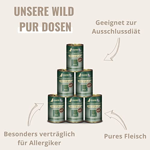 Escapure Wild Pur Dose 6 x 400g - Nassfutter für Hunde - 100% pures Wildfleisch Nassfutter - Premium Dosenfutter Wild ohne Zusatzstoffe - Hunde Ergänzungsfuttermittel frei von Getreide