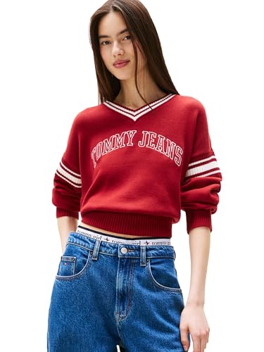 Tommy Jeans Womens Varsity V-Neck Sweater, Regatta RED Large