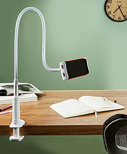 Image of Amazon Basics Universal Mobile & Tablet Holder 360 Rotation, Long Flexible Alloy Arm | Stand for Desk, Table, Bed, Kitchen, Bathroom for 4.6-Inches to 10.4-Inches Tablet /Smartphones (White) Tabletop