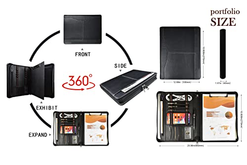 Azxcg Genuine Leather Padfolio For Men, Professional Zippered Portfolio With Clipboard Notepad, Leather Organizer For Husband/Boyfriend, Business Portfolio For Surface Pro 3/4/5/6, Black #TOP2