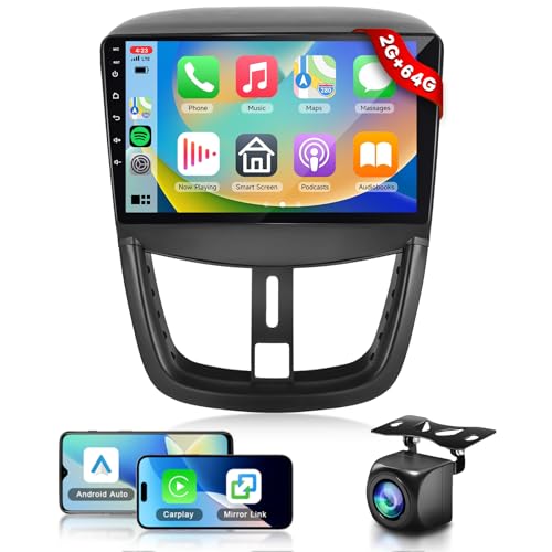 2G+64G Car Radio for Peugeot 207 2006-2015,Android 13 Car Stereo with Wireless Carplay Android Auto,Podofo 9 inch HD IPS Touchscreen GPS Wifi Bluetooth FM/RDS Radio with AHD Reversing Camera 28UIs