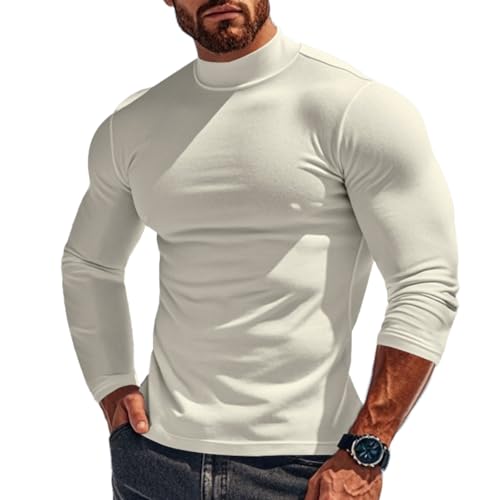 Men's Mock Turtleneck Long Sleeve Shirts Basic Thermal Turtle Neck Undershirt Solid Lightweight Pullover Tops White