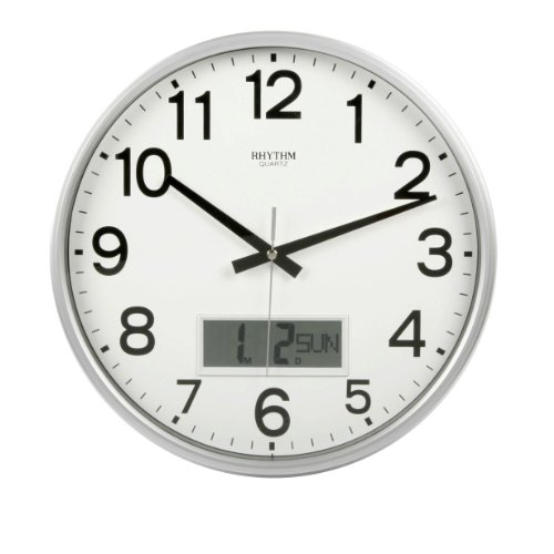RHYTHM Value Added Wall Clock with Silent Movement LCD Calender Silver Plastic Case
