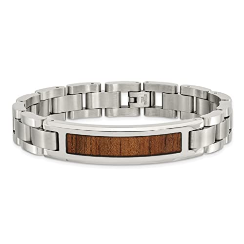 Avariah Chisel Stainless Steel Brushed and Polished Enameled with Koa Wood Inlay Link ID Bracelet - 8.5\"