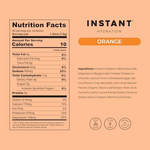 Image of Instant Hydration Sugar Free Electrolytes Powder Packets - Orange Citrus Electrolyte Drink Mix & Travel Essentials - Post Workout Recovery, Brain Health, Muscle & Tissue Support - 20 Sticks