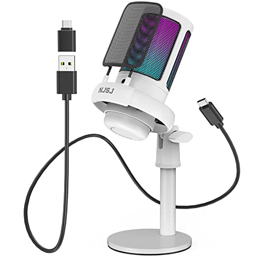 Njsj Usb Microphone For Pc, Gaming Mic For Ps4/ Ps5/ Mac/Phone,Condenser Microphone With Touch Mute,Brilliant Rgb Lighting,Gain Knob & Monitoring Jack For Streaming,Podcasting (White) #TOP7