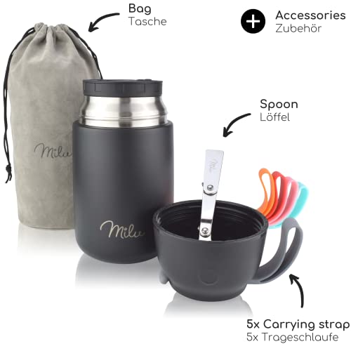 Image of Milu Thermal Food Container 650 ml, Stainless Steel Warming Container with Spoon, Thermal Food Mug, Thermal Lunch Box for Children, Adults, Thermal Box Soups, Baby Porridge, Food Container Black, 650