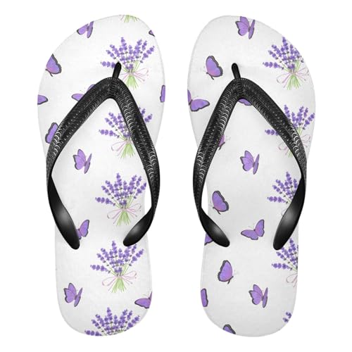 Lavender Butterfly White Flip Flops for Beach Thong Sandals Anti-slip Lightweight Flat Slippers for Travel Summer Outdoor