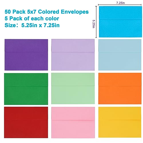 50 Pack 5x7 Envelopes for Invitations, A7 Printable Colored Envelopes, Envelopes Self Seal for Weddings, Invitations, Photos, Postcards, Greeting Cards, Mailing - Thumbnail 2