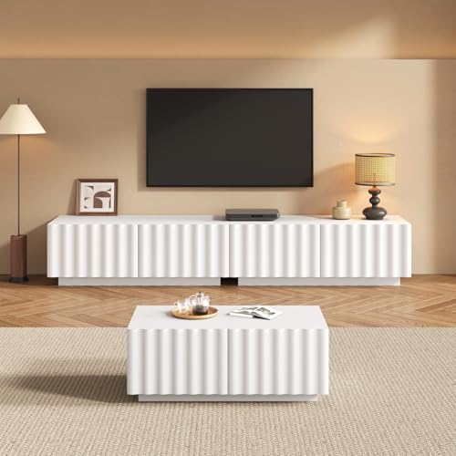 PUGSDRLY Set 2 Meubles Salon,Meuble TV,Table Basse,6 Tiroirs(D-Blanc+1)