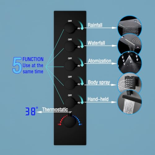 Sistema de ducha termostática de cuerpo entero Enga con LED y jets corporales, cabezal de 20 pulgadas con 3 funciones (lluvia, niebla, cascada), juego de grifería de ducha de lujo en negro mate miniatura 4
