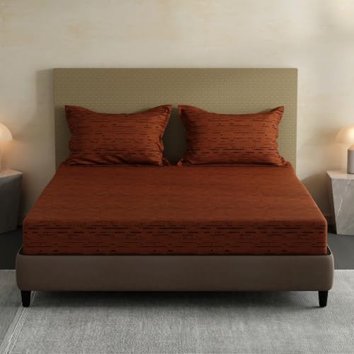 Image of Layers 100% Cotton Fitted Sheet for King Size Bed | Lumina Floret Collection | 144 TC Soft & Breathable | Stripes with 2 Pillow Covers | Wrinkle Free & Colorfast | 3 Pc Bedding Set - Brown