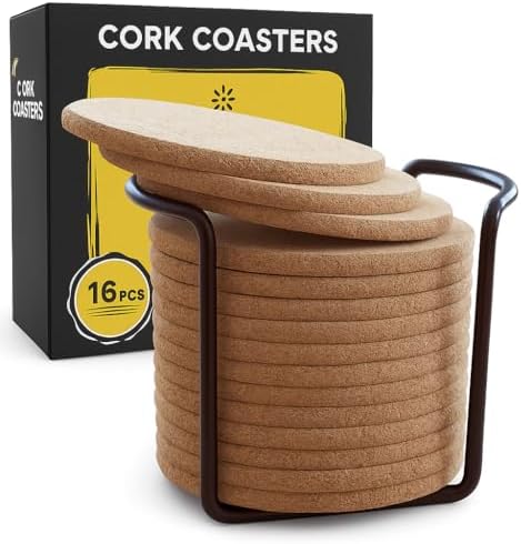Cork Coasters for Drinks with Metal Holder - 16 Pcs Round 4 inch ...