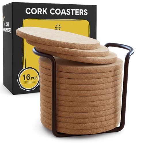 Cork Coasters for Drinks with Metal Holder - 16 Pcs Round 4 inch Drink Coaster Thick Absorbent Heat-Resistant Saucer - Used for Cold Hot Beverages Glasses Mugs Cups Plants Apartment Decor Bar Table