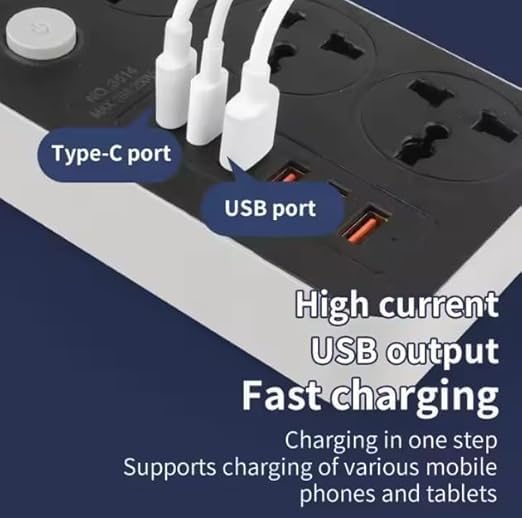 Image of Extension Board, Power Strip with 6 USB Ports and 3 Universal Socket, 2500W 10A Extension Cord, 3-Pin Surge Protector Power Strip for Home, Office, Computer, Mobile Charging (White-Z65)