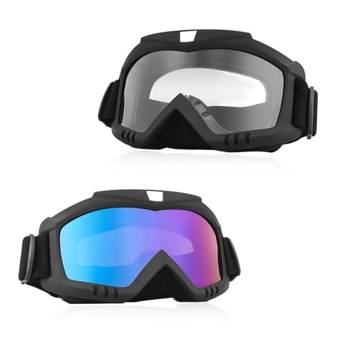Gdnecad 2PCS Dirt Bike Goggles, Windproof Helmet Ski Goggles with Anti-Fog Lens, Wide Vision Safety Glasses for Motocross ATV (Transparent+Colorful)