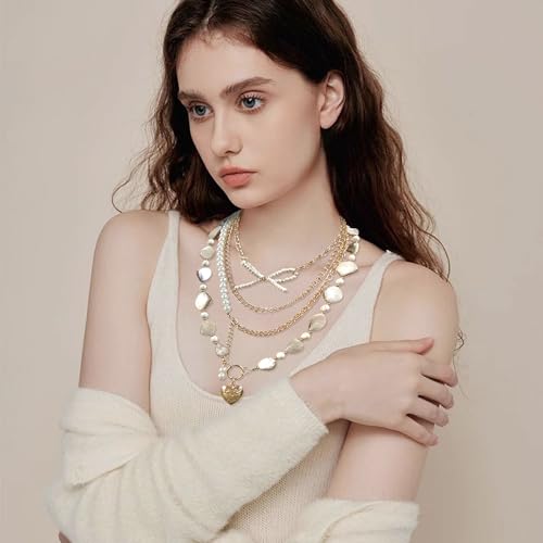Image of Coiris Natural Seashell Choker Necklaces Earrings Jewelry Set for Women Starfish Shell Freshwater Pearl Collar Necklaces for Women Irregular Mother of Pearl Jewelry Set
