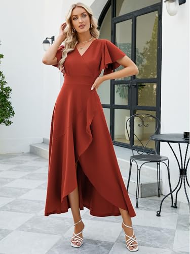 Image of Long Black Formal Dresses for Women Gowns Evening Party Cocktail Dress,Split Elegant V Neck Wrap Ruffle Wedding Guest Dresses