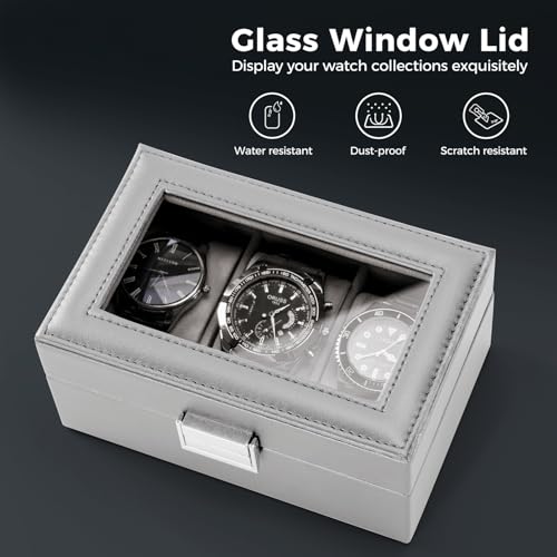 ProCase Men's Watch Box Organizer, 3-Slot Watch Display Case with Glass Lid - Grey