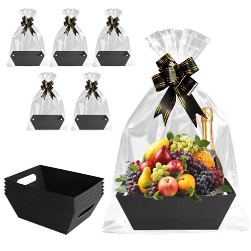 Panier Cadeau,Lot de 5 Panier Cadeau Vide à Garnir avec 5 Sacs Cellophane et Nœuds pour Garnir - Cadeau Noël, Mariage, Saint-Valentin, Anniversaire, Fête...
