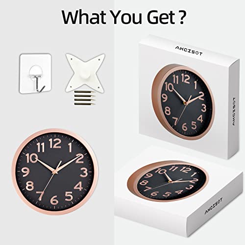 Akcisot Wall Clock 10 Inch Rose Gold Modern Wall Clocks Battery Operated - Analog Small Silent Non Ticking Clock Decorative For Living Room, Office, Bedroom, Bathroom, Kitchen Decor(Rose Gold Black) #TOP5