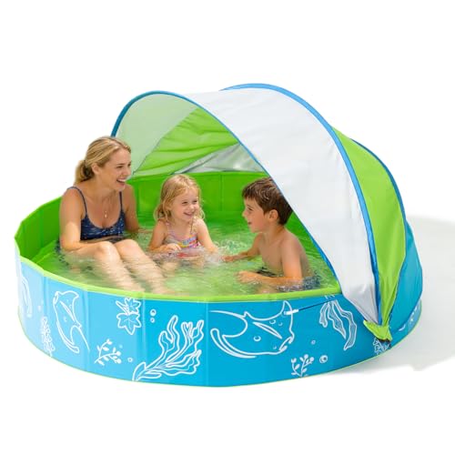 Hikiddy Piscina plegable para niños con toldo: 80.0 cm/119.4 cm/160.0 cm para la familia de bebés y niños pequeños – Piscina de juegos acuáticos de verano con sombra – Portátil para exteriores, patio