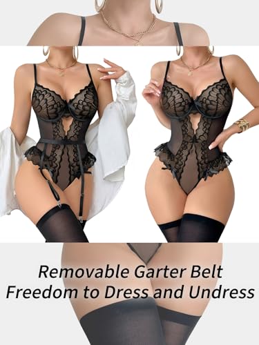 Image of Lilosy Sexy Stocking Lace Mesh Bodysuit Top Underwire Garter Lingerie Set 3 Piece