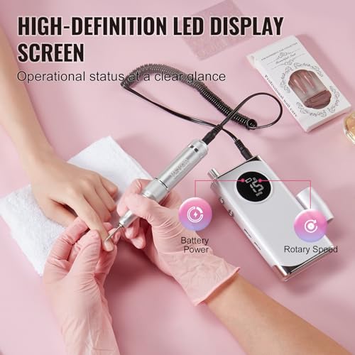 Image of VEVOR Electric Rechargeable Nail Drill, 40,000RPM Portable Cordless Nail E File Machine, LCD-Display Acrylic Gel Grinder Tool with 6 Bits and 50PCS Sanding Bands for Manicure Pedicure Carve Polish