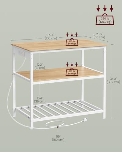 Image of VASAGLE Kitchen Island with 3 Shelves, Kitchen Shelf with Power Strip, 23.6 x 39.4 x 34.9 Inches, Large Worktop, Steel Structure, Industrial, Easy to Assemble, Oak Color and White UKKI105Y01