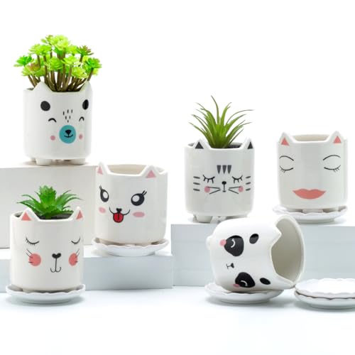 B SEPOR Set of 6 4.25inch Small Ceramic Animal Succulent Planter Porcelain Pots for Baby Succulant with Drainage and Bamboo Tray for Window Sill(Squatting Cats)