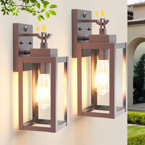 LTBLIGHT 2-Pack Outdoor Motion Sensor Light, 3 Modes Dusk to Dawn Porch Lighting Fixtures, Farmhouse Brown Waterproof Wall Lanterns for House, Backyard, Entryway, Garage Motion Sensor Brown