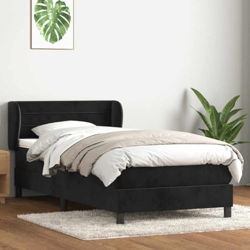 ACAGALA Cama con somier con colchón de 90 x 210 cm, cama tapizada de terciopelo, cama individual con cabecero de rayas horizontales, marco de cama con somier, patas de apoyo reforzadas, color negro