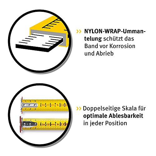 STABILA Taschenbandmaß BM 300, 5 m, Maßband mit doppelseitiger metrischer Skala, bruchsicheres PC/ABS-Gehäuse, SPIKES-Haken, Stahlband mit NYLON-WRAP-Ummantelung, Gürtel-Clip, MID-Genauigkeit