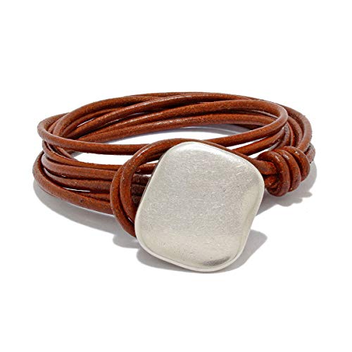 Leather Wrap BoHo Bracelet with Silver Plated Square Button Clasp