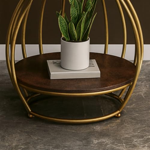 Image of Modern Side Table Corners Living Room Square Table Double Tier Sofa Side Table,Round Base Coffee Table,Portable Bedroom Nightstands Small Space (Gold Brown)