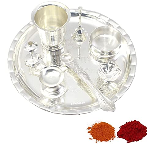 BENGALEN Silver Plated Pooja Thali Set 8 Inch for Festival Ethnic Subh Labh Design Puja Thali Gift for Diwali Home Temple Office Wedding Return Gift Items