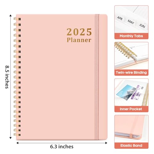2025 Weekly & Monthly Planner - Spiral Bound, Hardcover with Tabs, A5 Size, Pink and Green Options, Perfect for Home, Office, and School Supplies