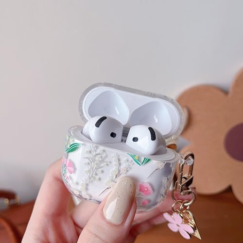 Image of MINSCOSE for AirPods 4 Clear Case,Cute Flowers Leaves Pattern Design with Kawaii Floral Keychain,Soft Silicone Protective Shockproof Cover with Cleaner Kit for Girls Women-Pink