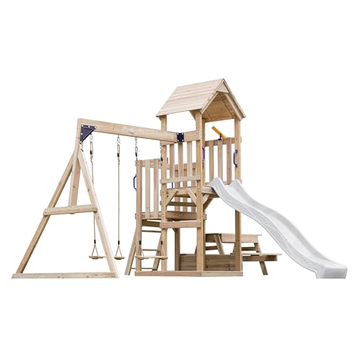 AXI Mette Aire De Jeux en Bois avec 2 Balançoires, Toboggan Blanc, Table De Pique Nique/Aire De Jeux Extérieur avec Balançoires/Bac À Sable/Téléscope| Portique Balançoire/Jeux en Bois Extérieur