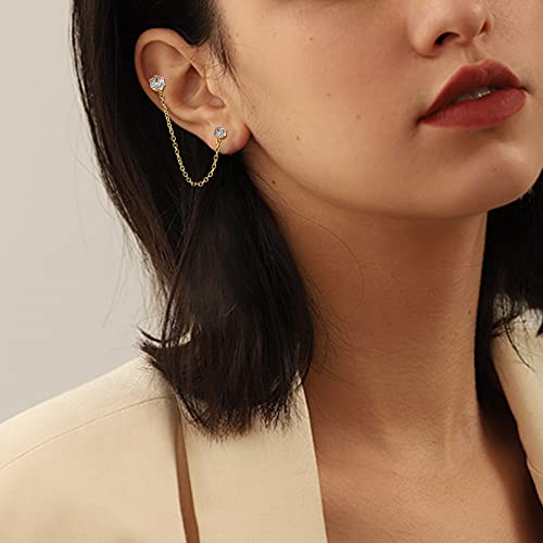 THUNARAZ 4 Pairs Trendy Chain Earrings for Women 14K Gold Plated Double Piercing Butterfly Dangle Hoop Earrings Sparkled CZ Chain Hoop Cartilage Studs Earrings Set2