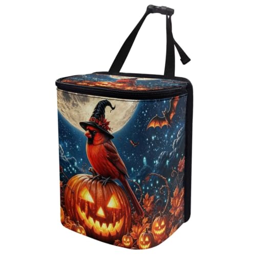 Image of Talayituse Cardinal Pumpkin Moon Bat Print Car Trash Can with Lid, Leak Proof Auto Trash Bag Hanging Vehicle Garbage Can Multipurpose Storage Container for Back Seat Road Trip Halloween Decor