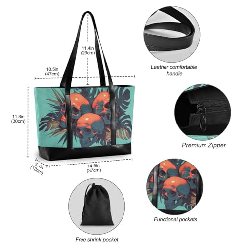 KLL Cool Human Skulls Green Monstera Deliciosa Leaves Waterproof bag for women 14 inch with zipper tote bag for women work Large Handbag for school with lunch maletín para laptop mujer4