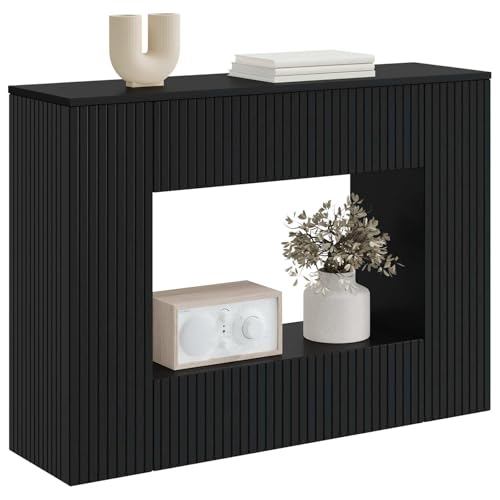 vidaXL Mesa de pared a rayas negra 101 x 29 x 74 cm madera construida consola consola moderna rectangular, duradera y resistente a la humedad, muebles de entrada versátiles con acento para el