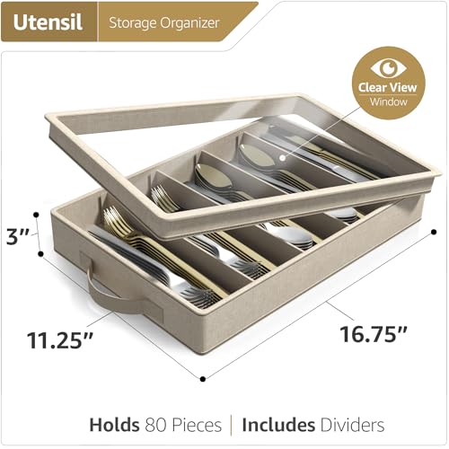 Sorbus Flatware & Utensil Storage - Fabric Chest Box for Storage and Organizing Utensils, Silverware, Flatware, Cutlery - Silverware Organizer Container with Clear Lid & Adjustable Divider